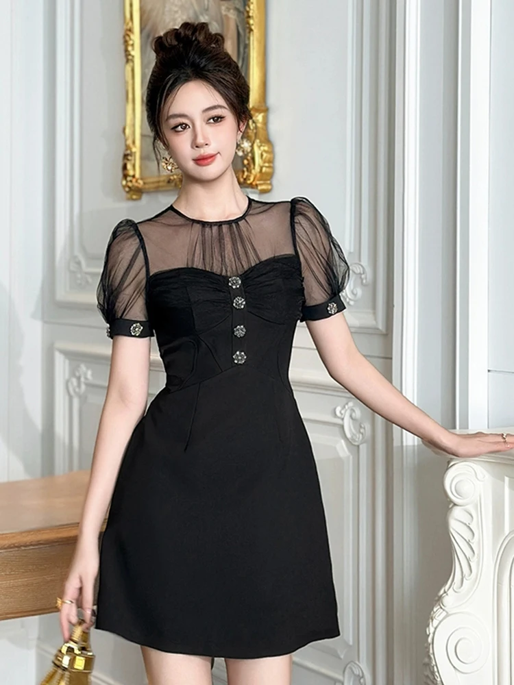 Fashion Elegant Black Short Dress for Women Sexy Chic See Through Mesh Splice Single Breasted Mini Gown Lady Party Daily Vestido