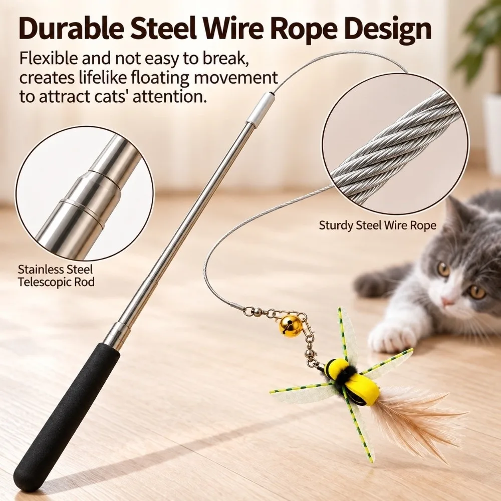 Stainless Steel Cat Teaser Wand Retractable Replaceable Head Telescopic Cat Wand with Steel Wire Rope Interactive Cat Toy