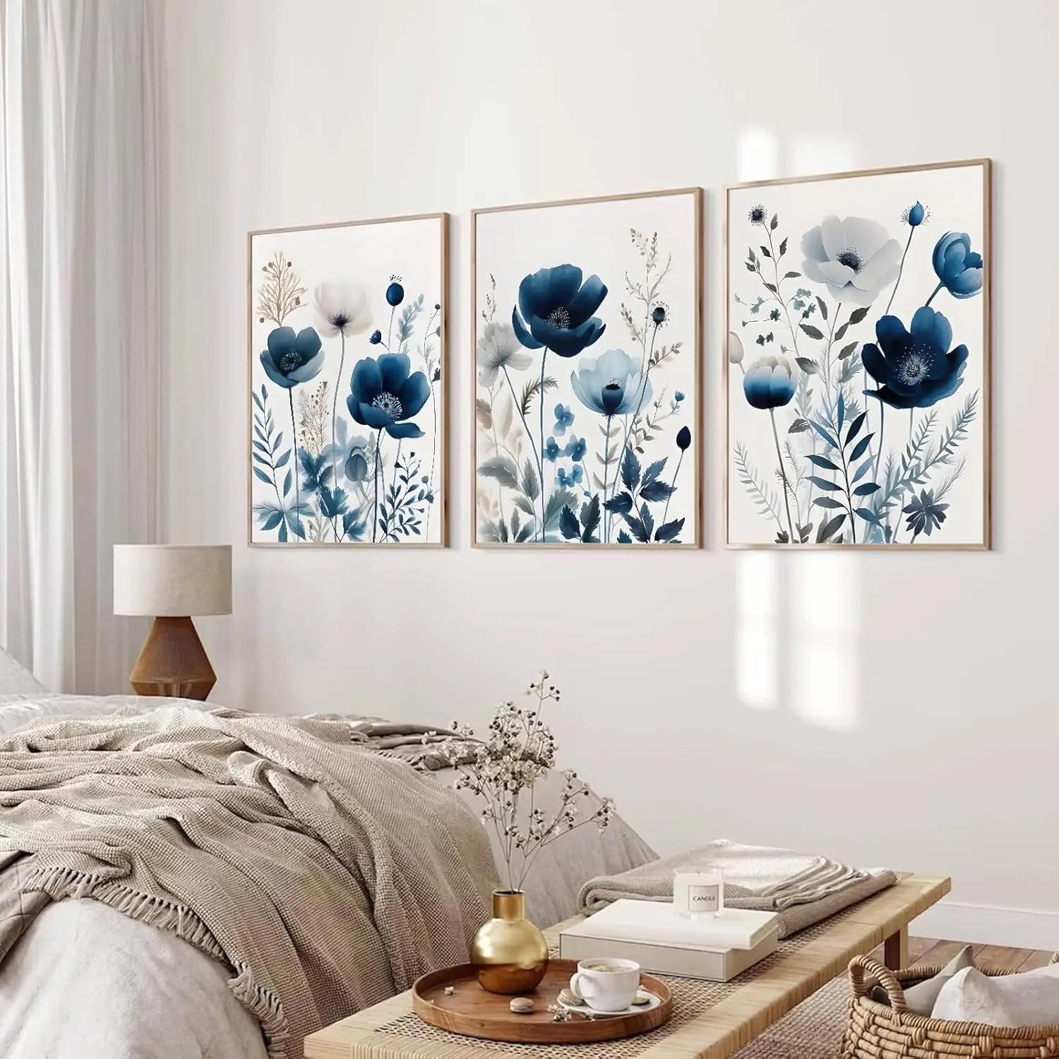 

3pcs/Set Minimalist Abstract Blue Plant and Flower Canvas Poster Picture Wall Art, Modern Living Room and Room Home Decoration