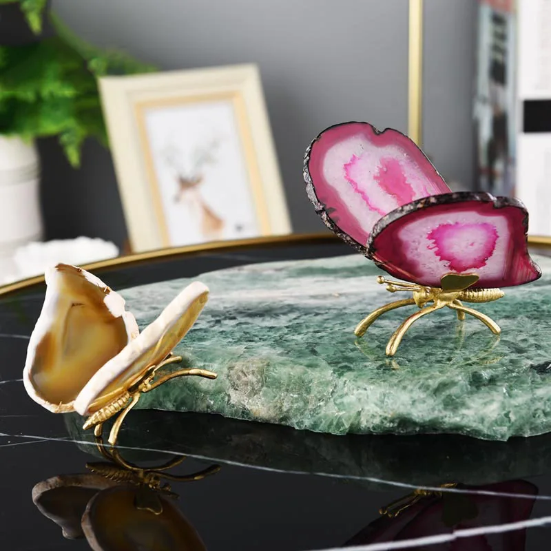 Home Decor Accessories Gold Brass Butterfly Figurine With Natural Agate Flakes Wing Room Ornament Objects Office Christmas Gift