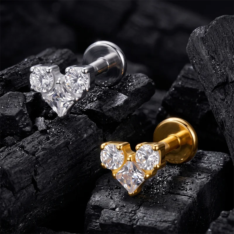 ASTM F136 Titanium 16G CZ Heart Cartilage Conch Tragus Helix Stud Earring with Flat Back Medusa Monroe Piercing