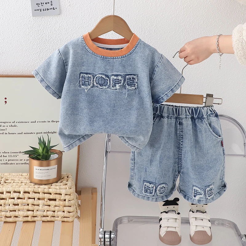 Children Cotton Clothes Summer Boy Cartoon Denim Solid T Shirt Short 2Pcs/set Infant Kid Fashion Toddler Tracksuit 0-5 Years