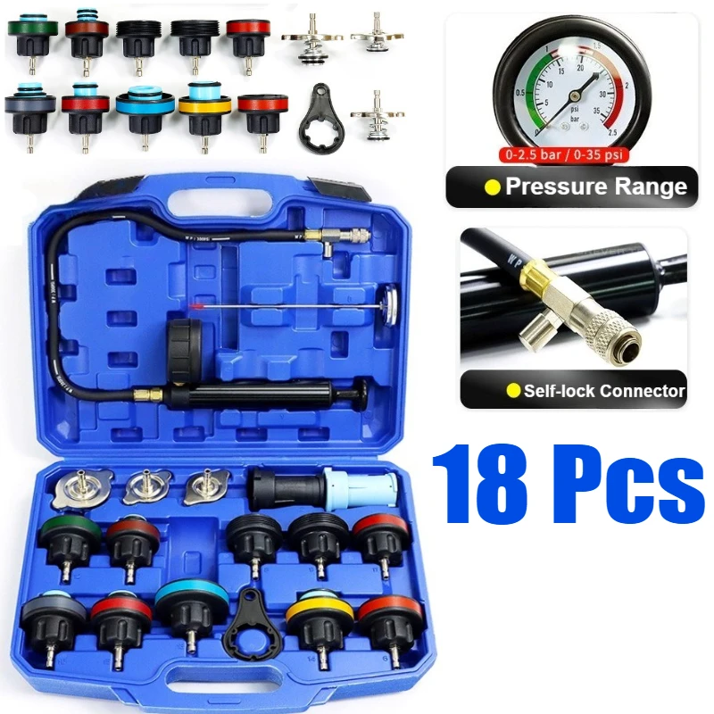 18pcs Cooling System Pressure Tester Kit Automotive Radiator Pressure Tester for Motorcycle Car Truck