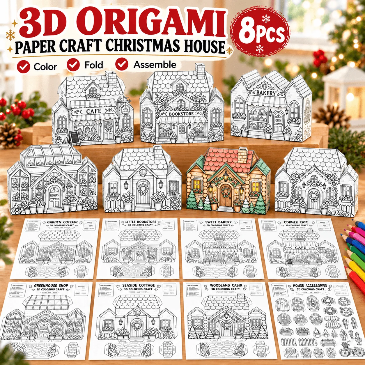 8 Style Paper Craft House Origami Coloring Kit, A4 Size DIY  Foldable Houses Origami Sheet, Coloring Creative Paper Art Project