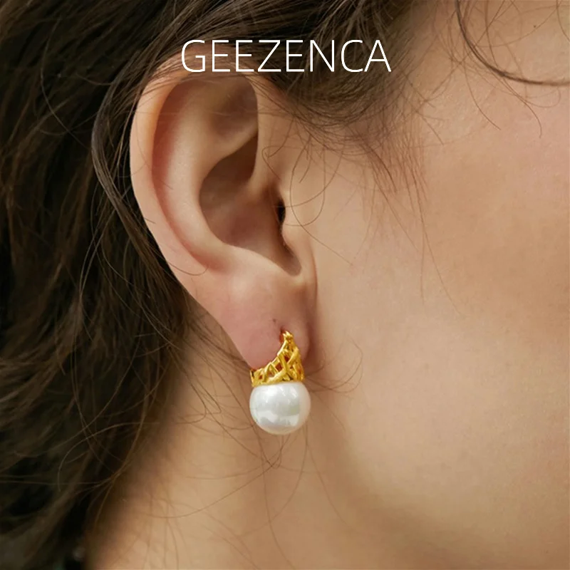 GEEZENCA Shell Pearl 925 Sterling Silver Crown Małe kolczyki dla kobiet Dziewczyna Minimalizm Luksusowy szykowny kolczyk kółka 2024 Nowy prezent