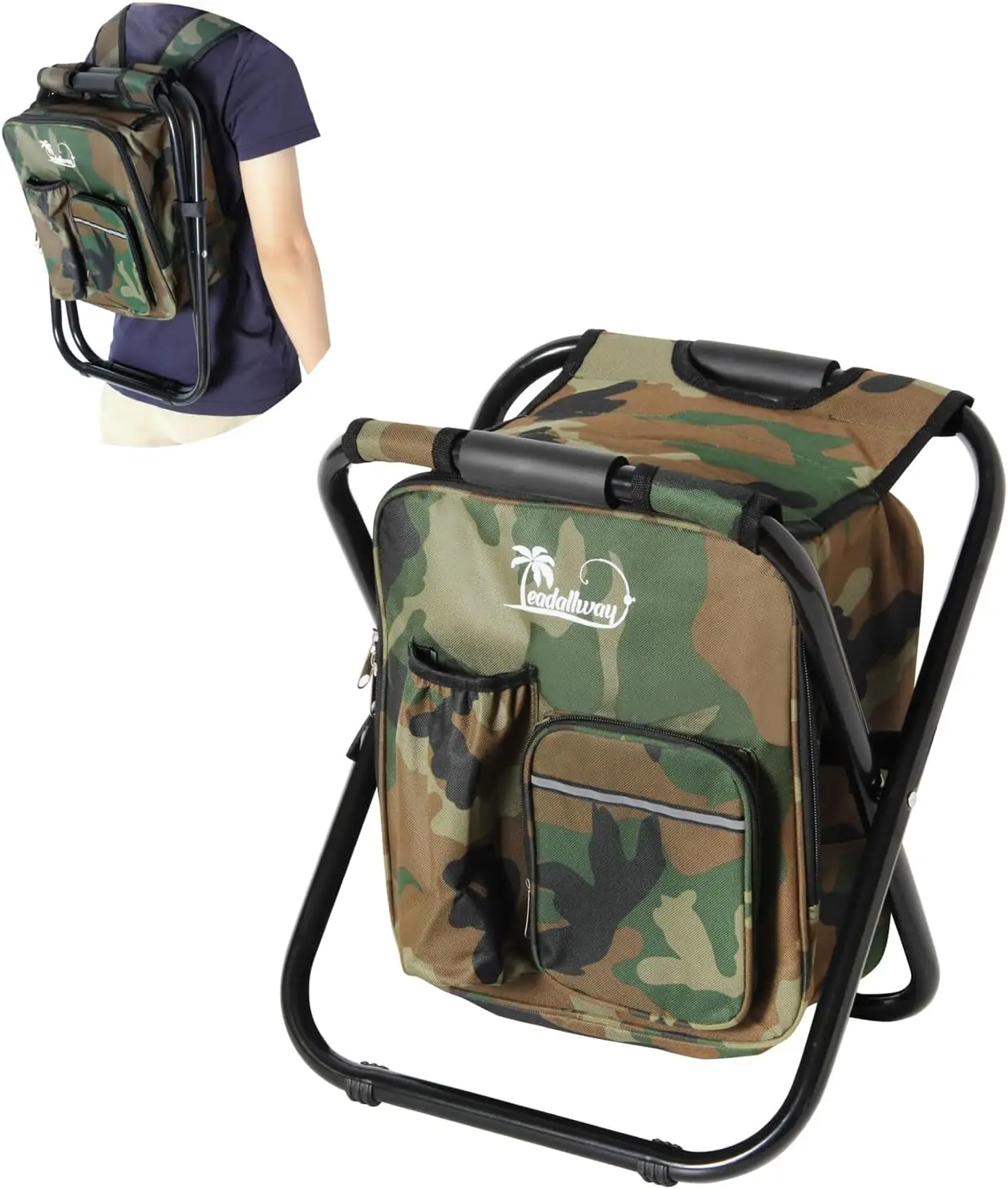 

Foldable Fishing Chair with Cooler Bag, Camo Backpack Stool for Men - Outdoor Camping, Hiking, Beach, BBQ, Picnic