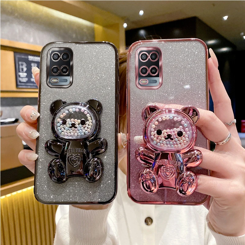 A 54 Glitter Bling Bear Silicone Phone Holder Case On For Oppo A54 4G OppoA54 Girl Woman Stand Back Cover