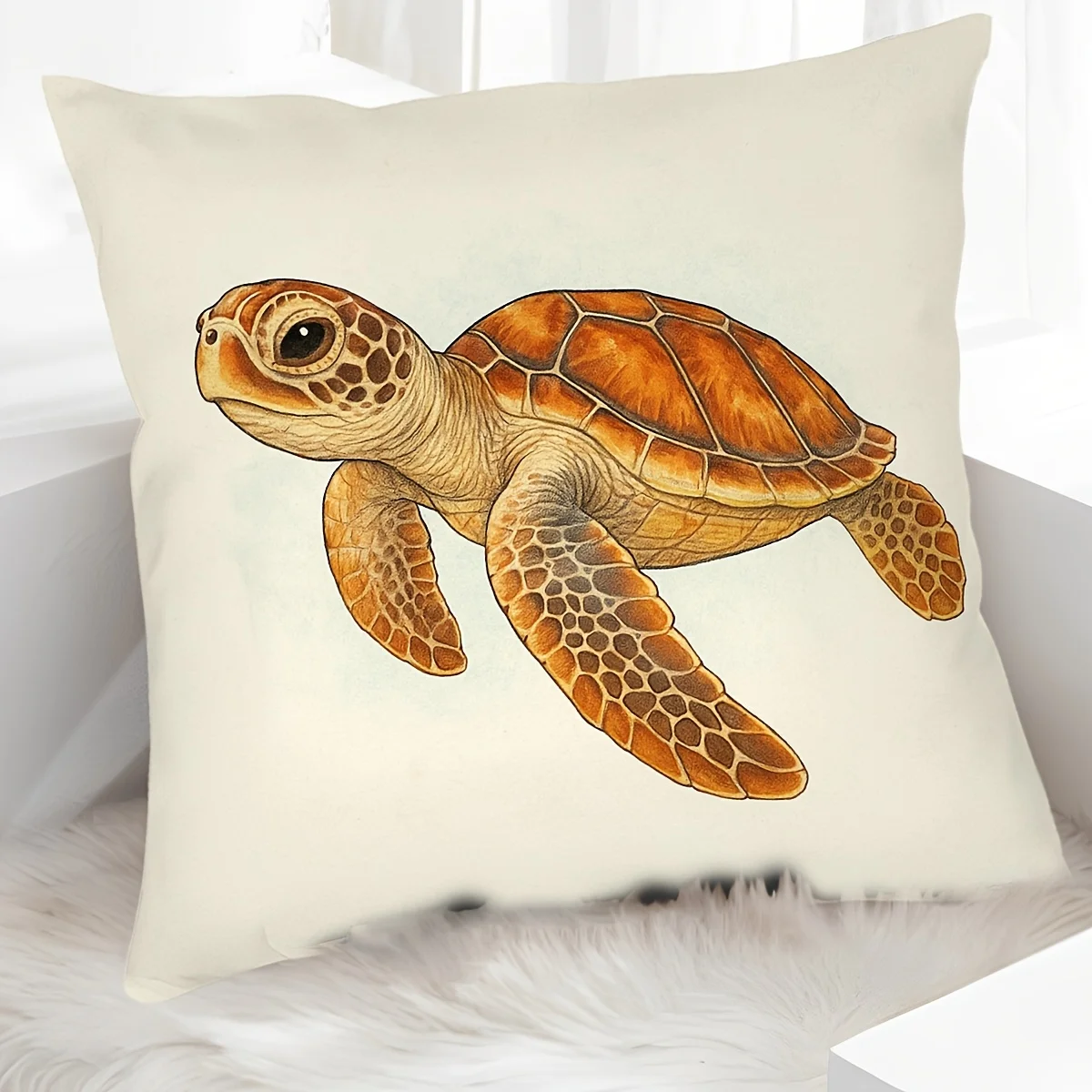 Sea Turtle Pillow Cover 18x18 Inch Polyester Zipper Machine Washable Realistic Illustration Coastal Decor Sofa Bed