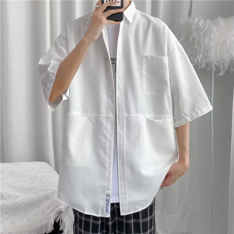 M-3XL Shirts Men Solid Color Chic Safari Style Japanese Pockets Design Summer Hip Hop All-match Half Sleeve Tops Handsome Males