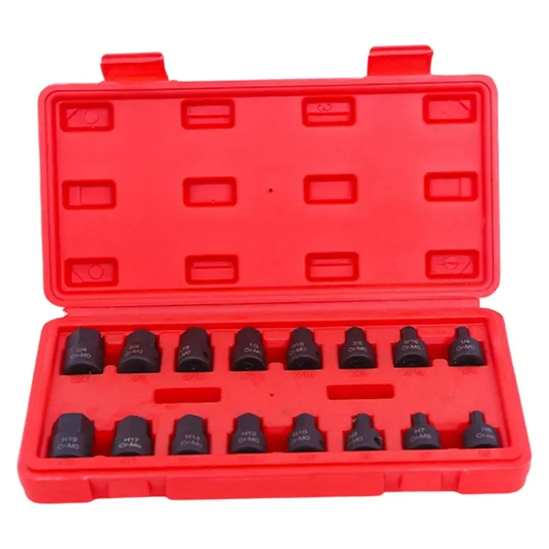 CR-V Steel,SAE/Metric 3/8 Inch Drive Low Profile Impact Hex Driver Set,16-Piece Hex Bit Socket Set(1/4
