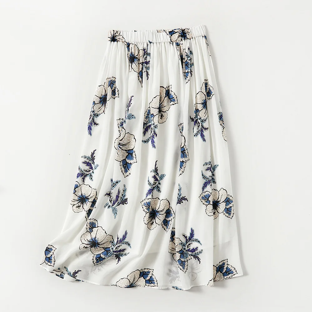 Winsleter-100%Silk Elegant Skirts, Elastic Waist Floral Printed, Women Beach Vacation A-line Skirt, 2026 Spring Summer B61238CC