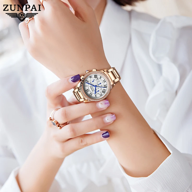 ZUNPAI Original Waterproof Women Watch Stainless Steel Strap Quartz Watch for Women Luminous Casual Fashion Ladies Wristwatch