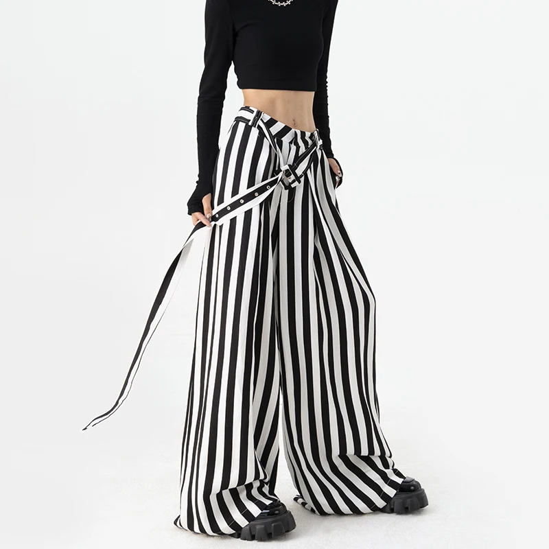 

Black and White Striped Pants Women's Spring and Autumn Design Sense Niche Mop Wide Leg Pants Draping Effect Casual Suit Pants