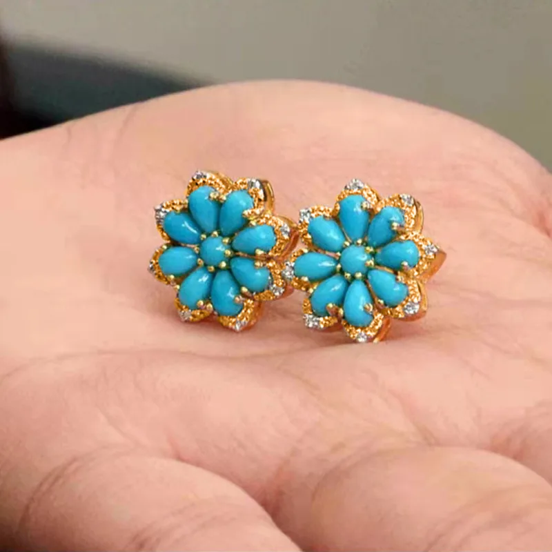 Boho Vintage Turquoise Stud Earrings for Women Snow Flower Earring Bridal Wedding Valentines Day Gift Jewelry Pendientes Mujer