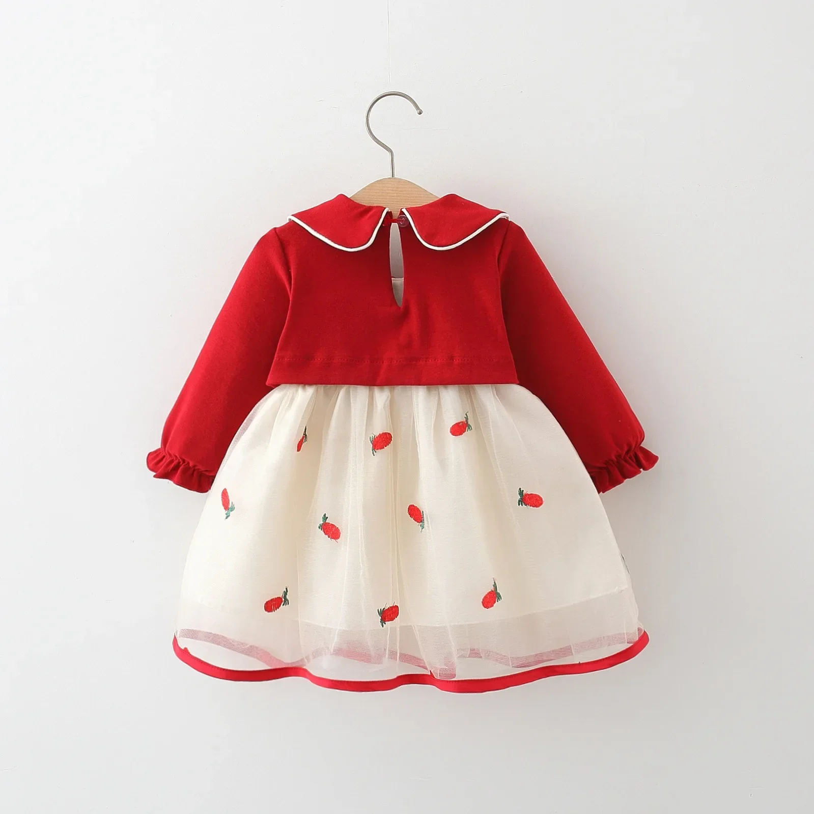 New Winter Girls Dress Pleated A-line Dress Mesh Strawberry Print Long Sleeve Shawl Doll Collar (Girls 0-3 Years Old)