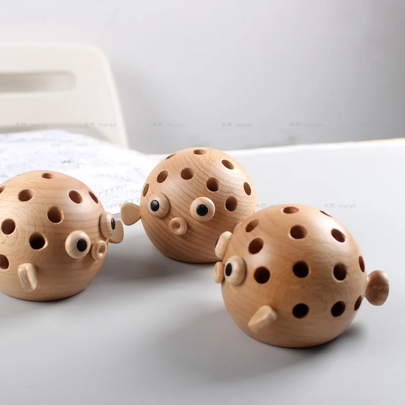 Wooden Puffer Fish Decoration Multi-functional Penholder Children's Room Study Decorations Handicrafts and Decorations