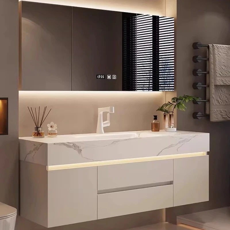 

Rock slab hot bending integrated basin oak multi-functional smart bathroom washstand bathroom cabinet combination