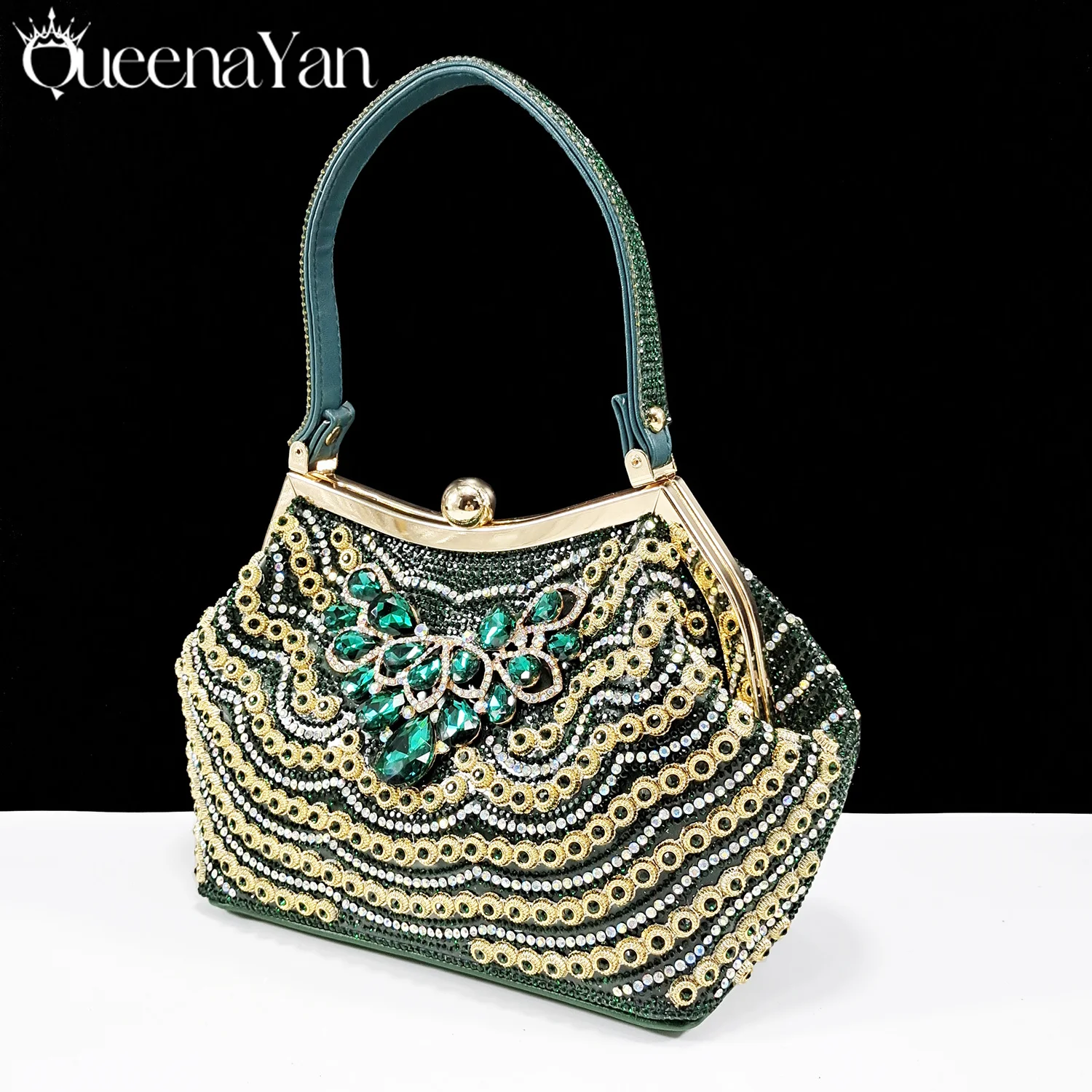 Queena Yan Fashion Wavy Pattern Shiny Handbag elegant Diamonds Hand Bag Evening Party Comfortable Handle Bag