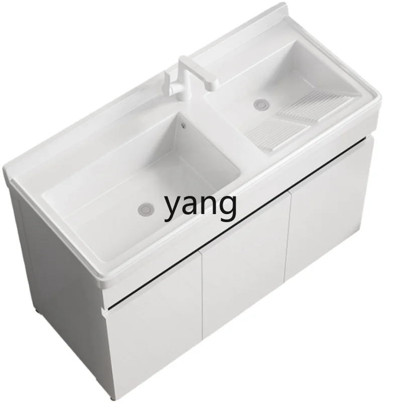 

LMM Balcony Laundry Cabinet Double Basin with Washboard Ceramic Sink Integrated Laundry Pool