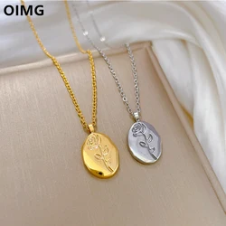 OIMG 316L Stainless Steel Gold Color Itregular Geometric Rose Flower Pendant Necklace For Women Gir Birthday Gifts
