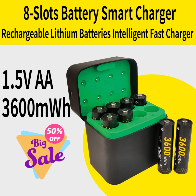 1.5 فولت 8 فتحات بطارية شاحن ذكي لبطاريات ليثيوم AA 3600mWh قابلة للشحن شاحن سريع ذكي