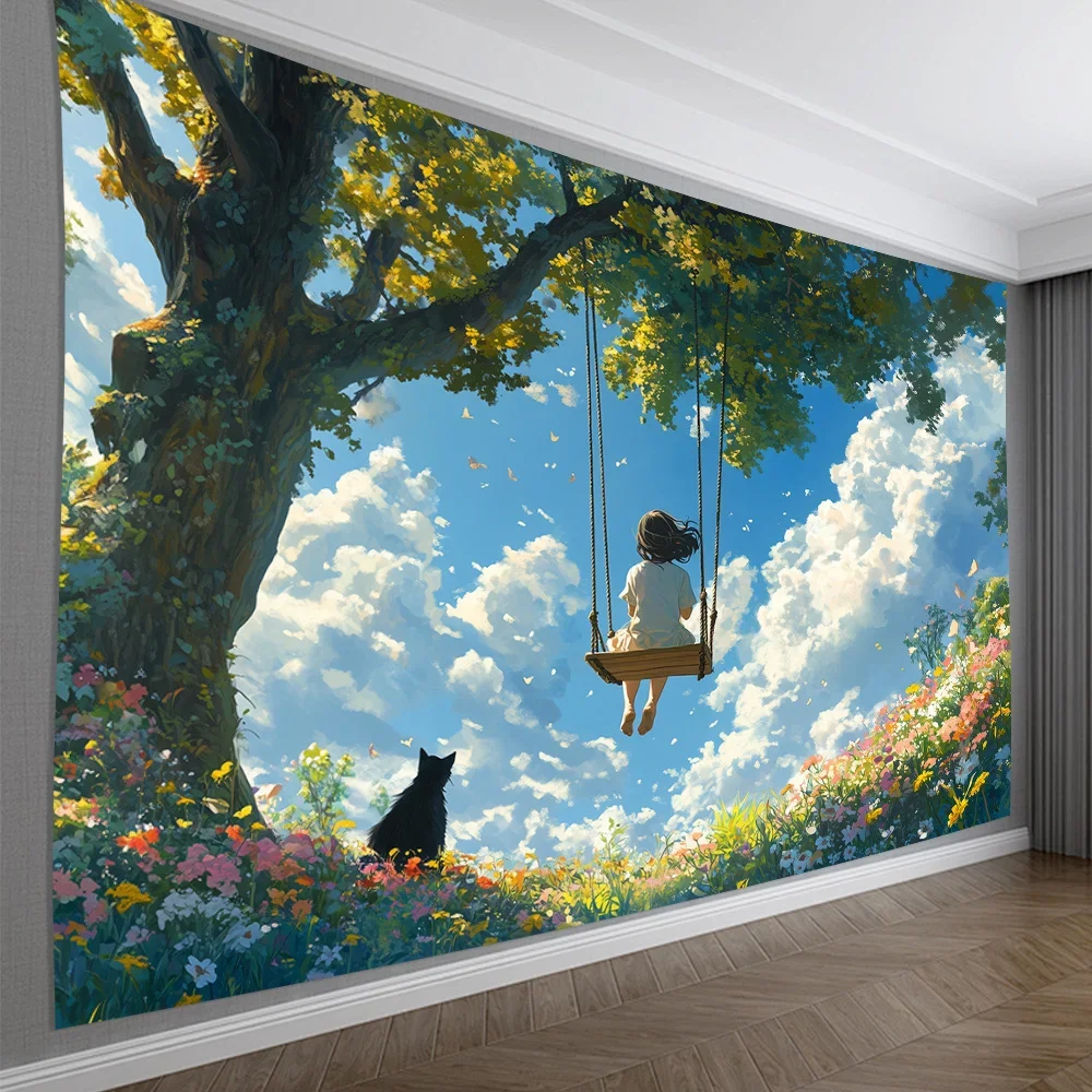 Girl Swing Tree Cat Flowers Tapestry Serene Nature Scene Wall Hanging 2D Flat Print Backdrop for Relaxing Home Office Decor