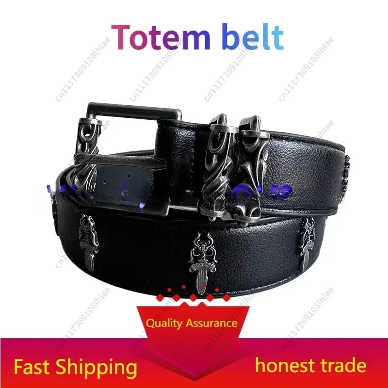Engraved Roller Hollow Light Luxury Belt 925 Silver Classic Leather Totem Belt Pin Buckle