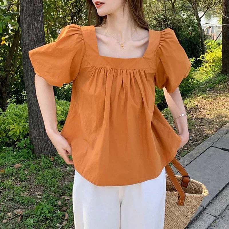 Square Collar Puff Sleeve Solid Color Shirt Women\'s Clothing Summer 2024 Fashion Female Korean Preppy Style Sweet Folds Blouses