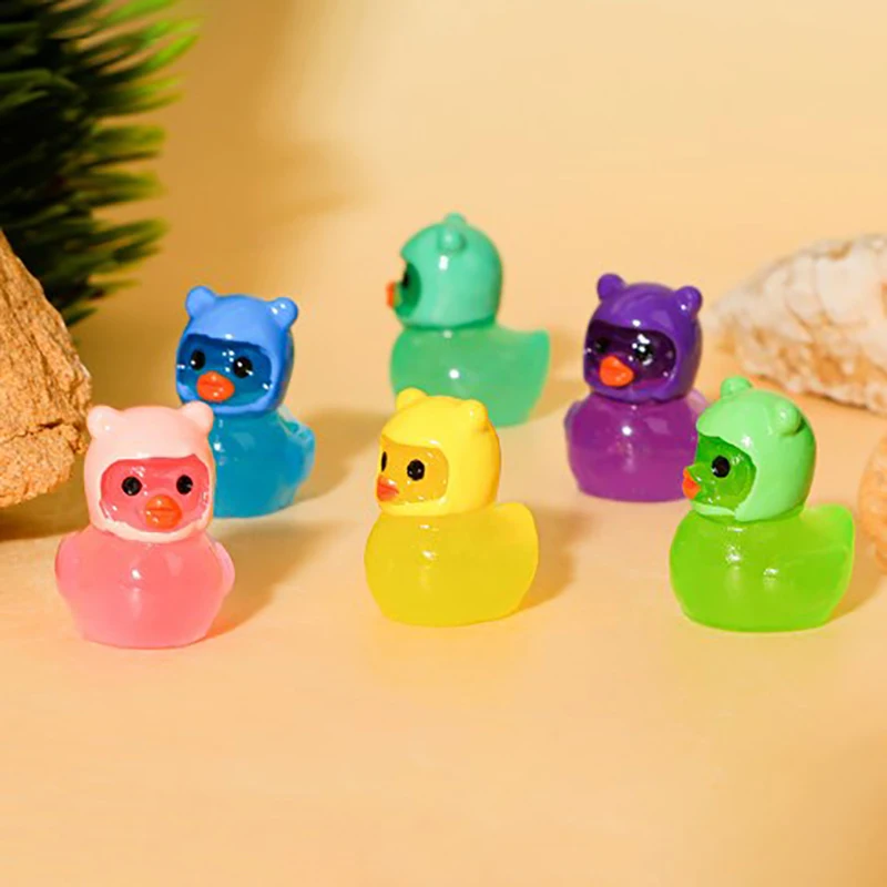 1PC Cute Animals Micro Landscape DIY Accessories Luminous Miniature Duck With Bear Hat Fluorescence Fairy Garden Decoration