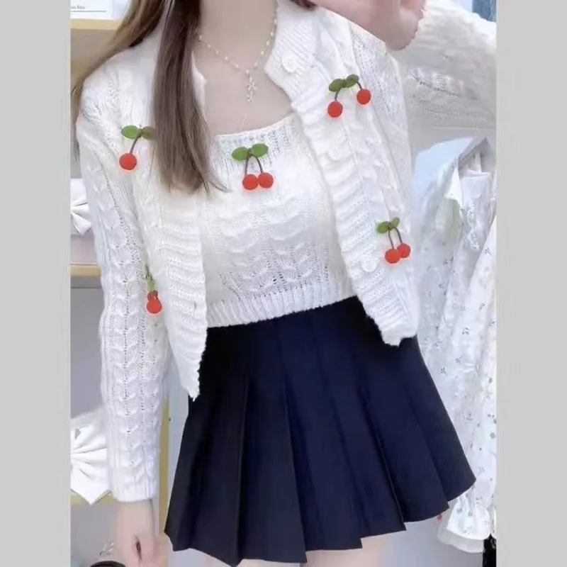 Cardigan Autumn Two Piece Set for Women Sweetheart Short Blossom Knitwear Western Two Piece Set Of Cardigan Sweater Female