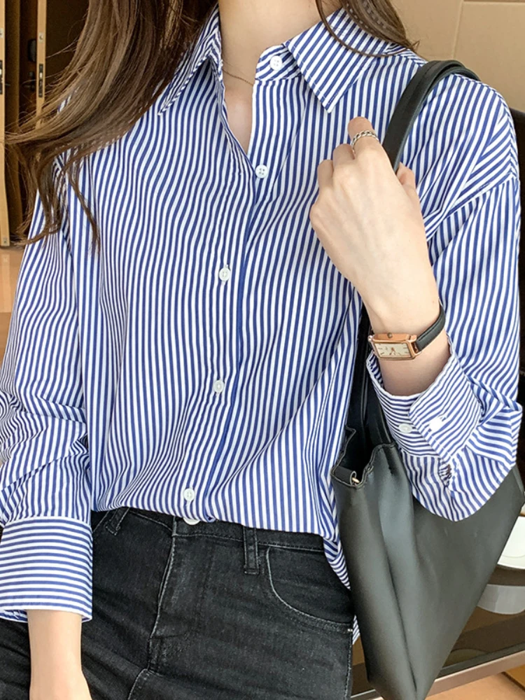 2024 Trends Summer New Women\'s Striped Shirt Korean Fashion Elegant Loose Ladies Blouses with Buttons Long Sleeve Women Tops