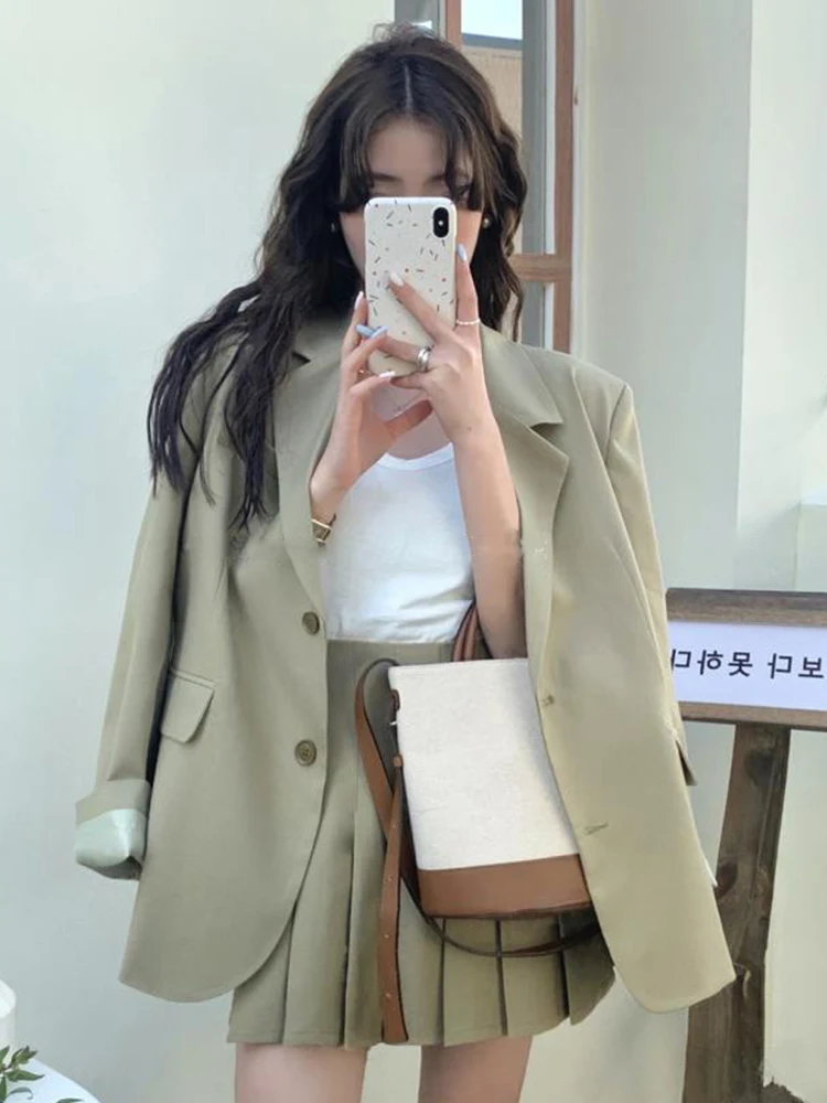 Spring Autumn 2 Pieces Outfits Suits Women Ladies Clothing Elegant Office Loose Tops Coat Blazer Suit And Pleated Mini Skirt Set