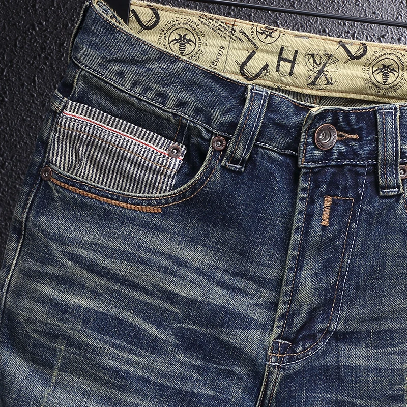 Fashion Designer Men Jeans High Quality Retro Washed Blue Elastic Slim Fit Ripped Jeans Men Trousers Vintage Denim Pants Hombre