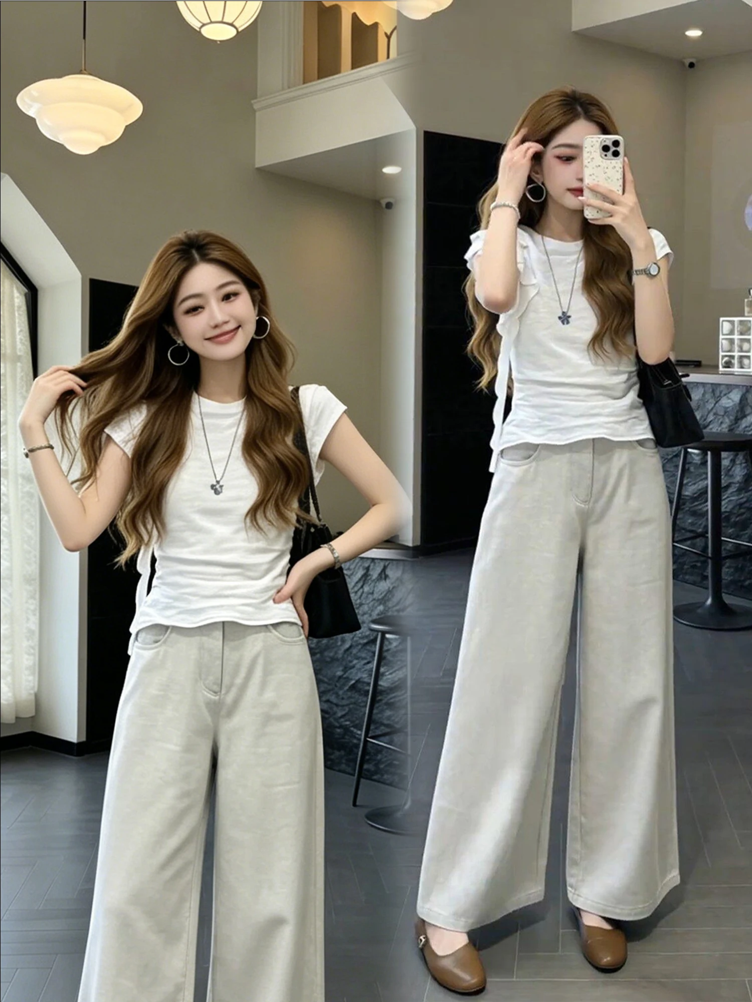 

Slimming High Waist Wide Leg Pants Two Piece Set Hot Girl Pure Color Top Summer New Design Fashionable Casual Style Women's E...