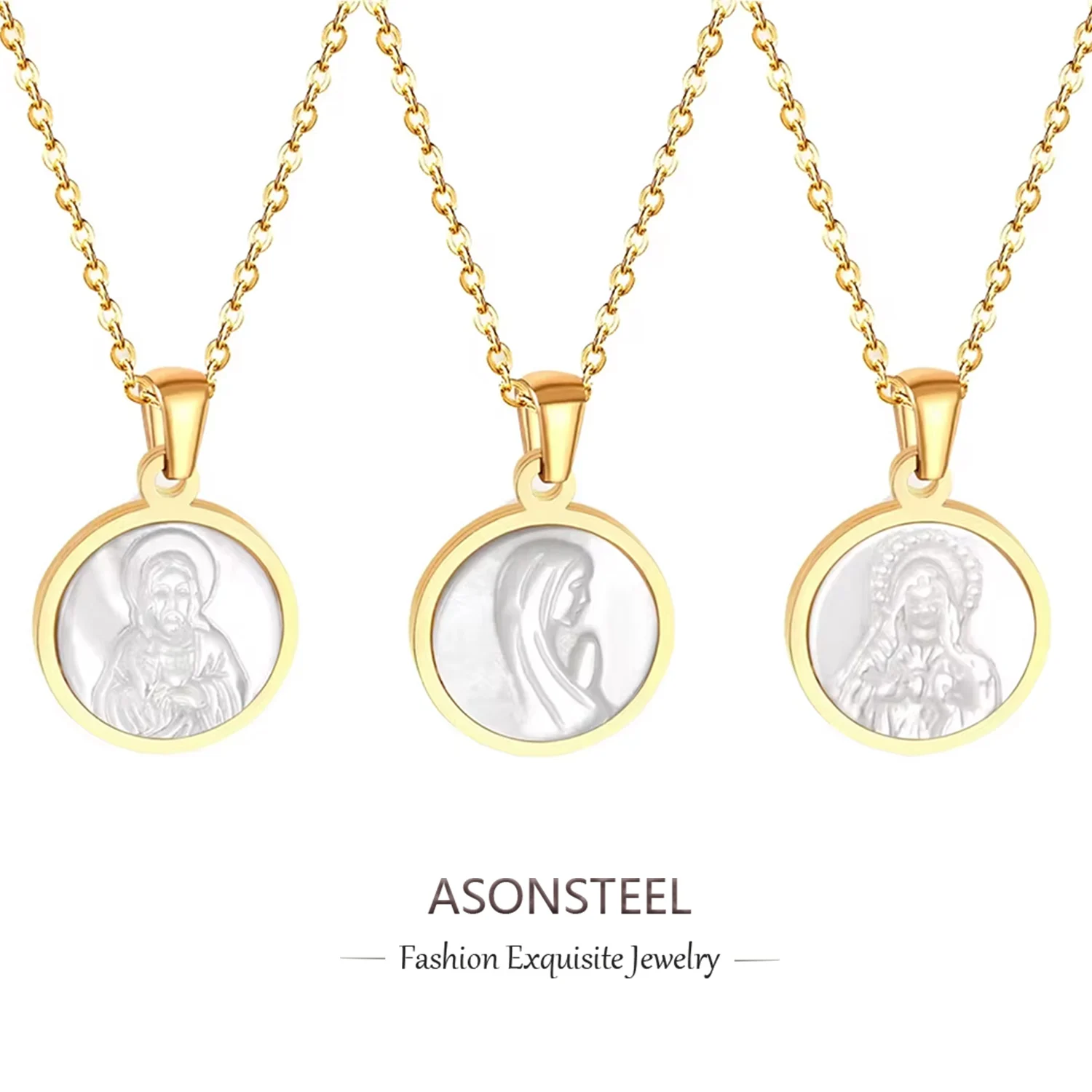 ASONSTEEL Stainless Steel Religious Jesus Virgin Mary Round Shell Pendant Necklaces for Women Girls Gold Color Chain Jewelry