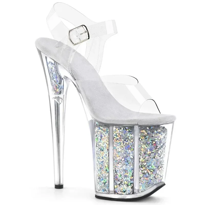 Summer New Women's Sandals Peep Toe 20CM Thin Heels Buckle Strap Waterproof Platform Bling PVC Transparent Night Club Women Shoe