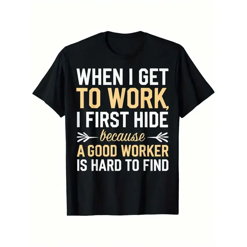 Men's Basic Knitting Cotton Graphic Lettering Tees - Short-Sleeve Crew Neck, Regular Fit, Medium Elastic, Breathable Smooth Texture, 'When I Get To Work, I First Hide' & Plant Prints, All Seasons Casual Office Wear, Machine Washable