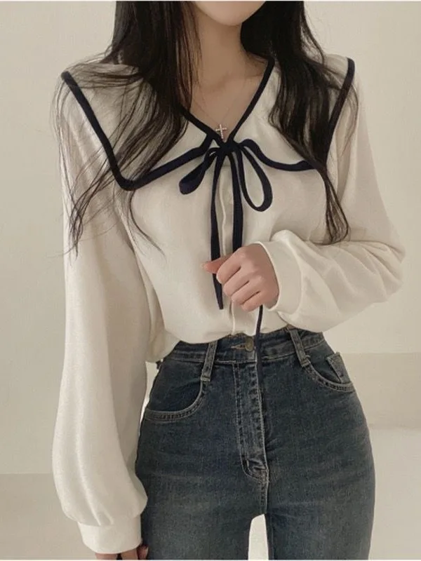 Sweet Style Loose Long Sleeve Women's Shirt  Knot Design Fashionable Beautiful Top for Autumn Versatile Stylish Shirt