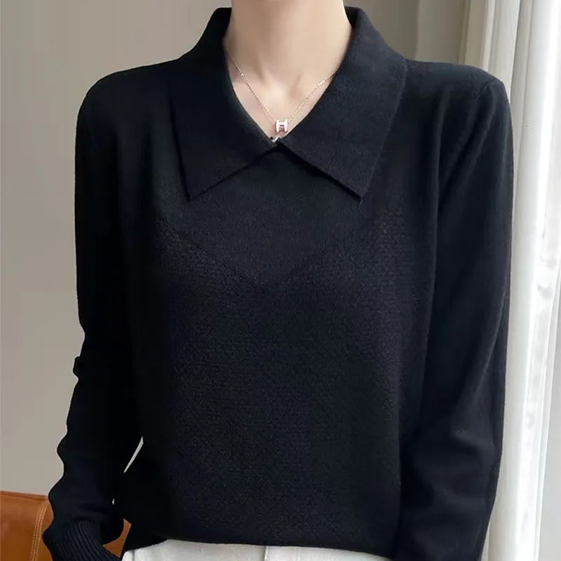 2024 Classic Women's POLO Collar Knitting Wool Blend Pullover Fashion Loose Sweater Long Sleeves High-quality Basics Plane Tops