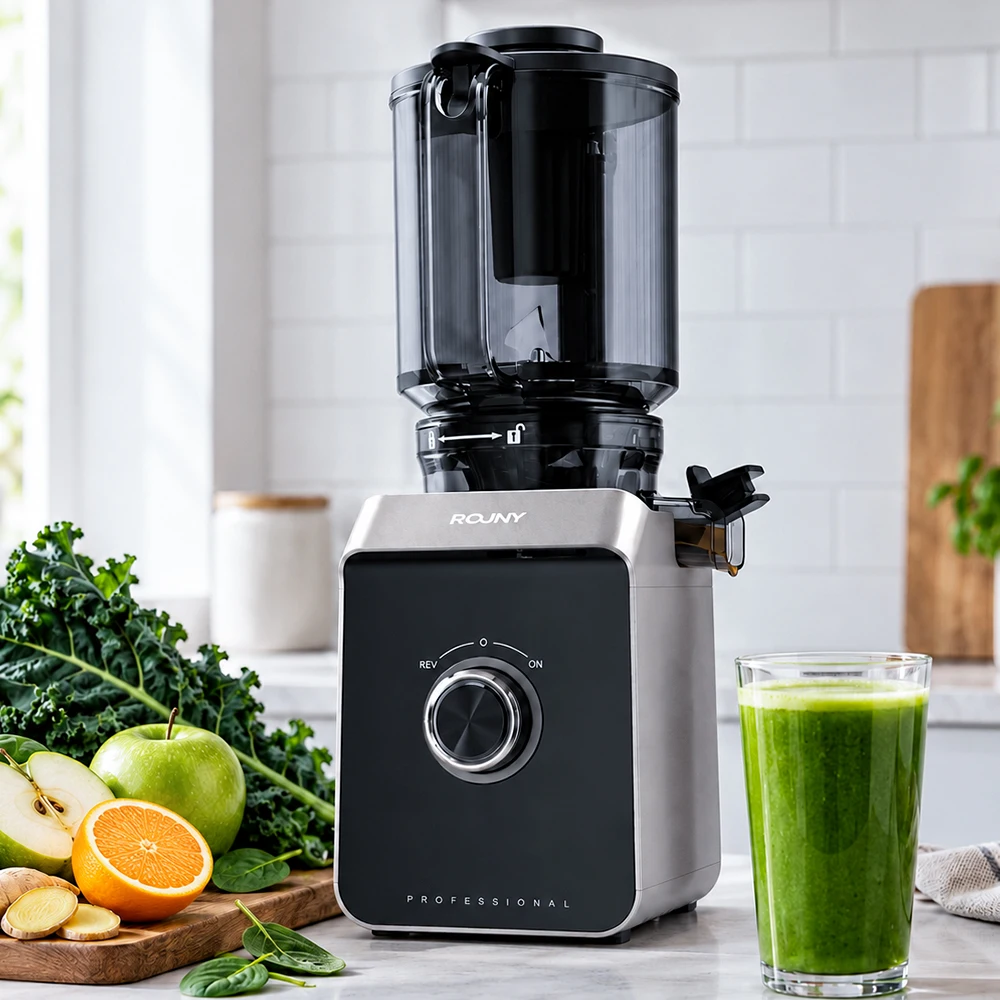 ROUNY Slow Juicer, Kaltpress-Entsafter mit 130mm großem Einfüllschacht, filterfreier, leicht zu reinigender Obst- und Gemüseextraktor