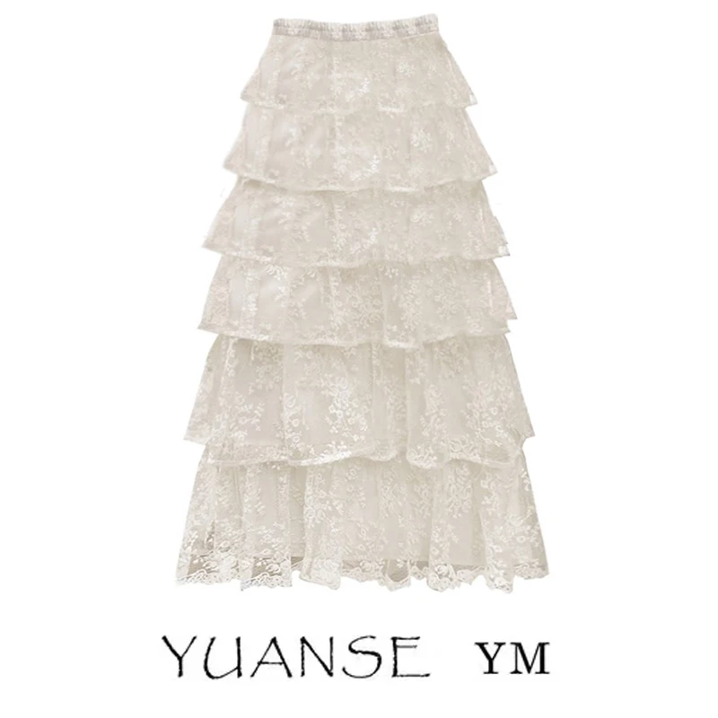 Elegant Lace Half Skirt Spring Autumn New Style A-Line High Waist Puffy Cake Skirt Elastic Waist Long Skirt Gentle Fairy Atmo...