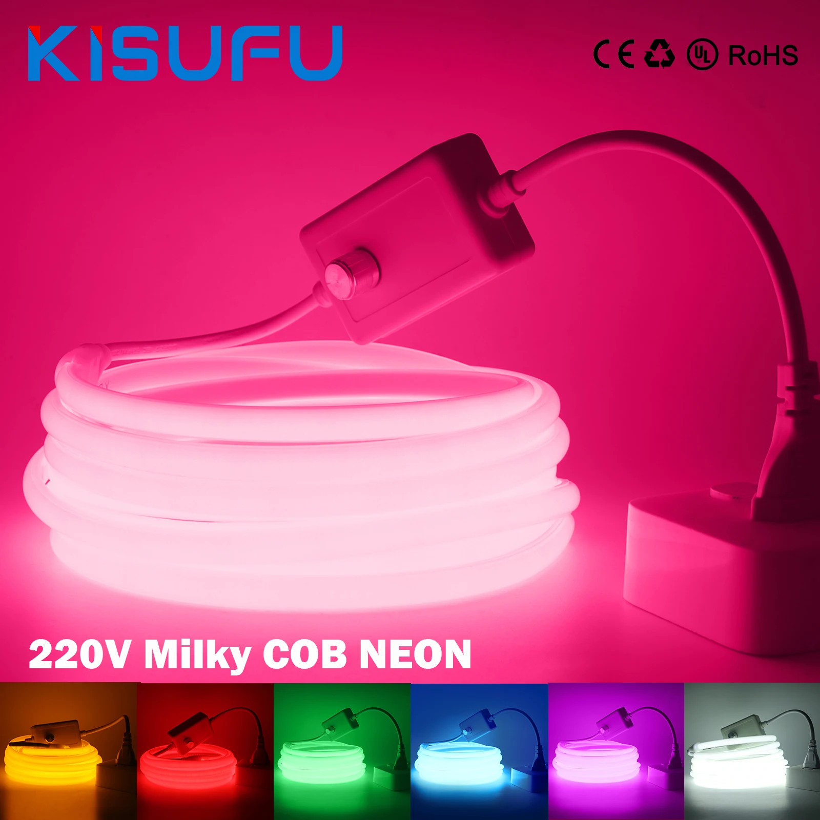 Muticolors 220V COB LED Neon Light With Dimmer EU Plug 288Leds/M Waterproof Super Soft Milky Neon Strip Bar Garden Home Decor