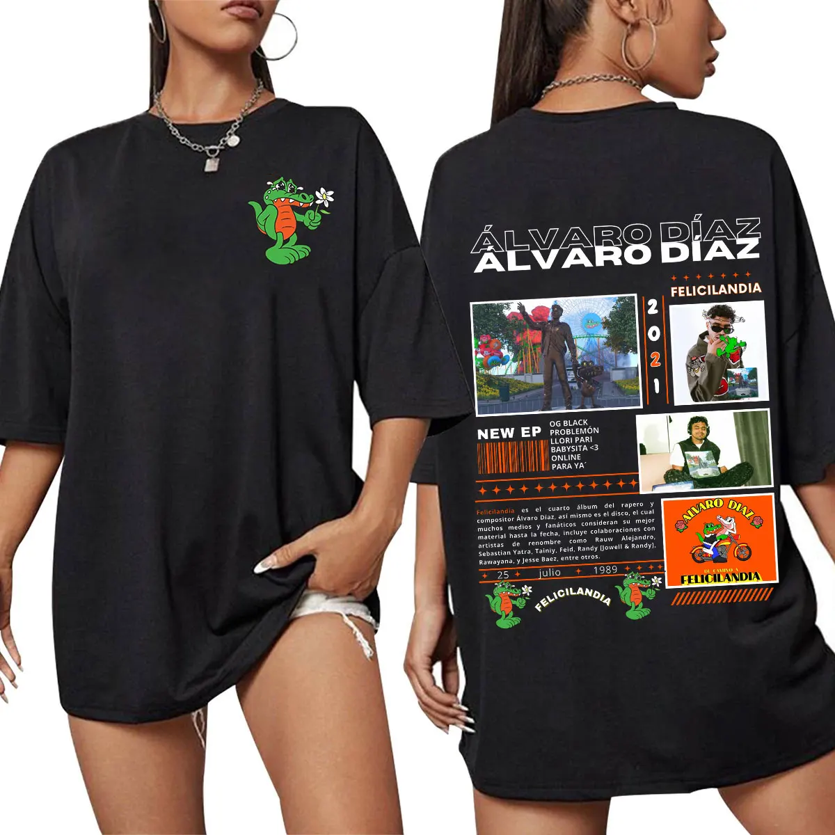 2025 الصيف مغني الراب ألفارو دياز فيليسيلانديا ألبوم 100% القطن الخالص تي شيرت مطبوع المرأة الهيب هوب المتضخم قصيرة الأكمام عادية