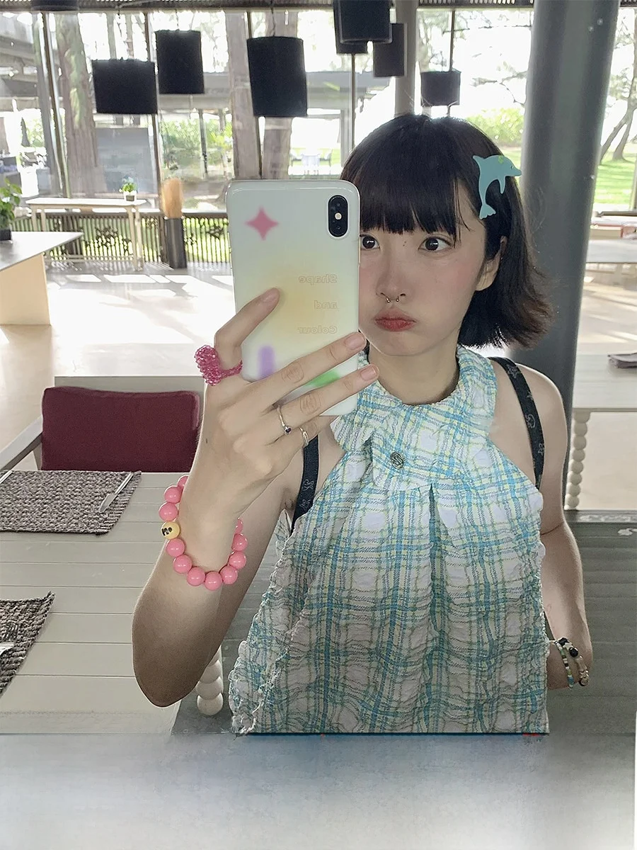 

BENAND Summer een Polka Dot Bubble Plaid Svel irt Ele Design round Ne Original Design Straight Cut Top
