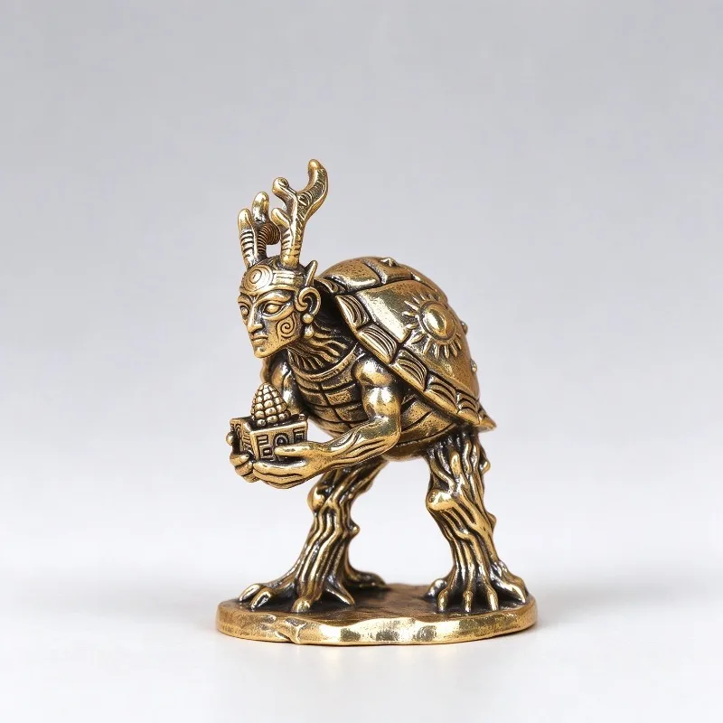 Fantasy Humanoid Turtle Creature Metal Mini Figurine, Antique Brass Myth Monster Desktop Ornament Collectible Craft