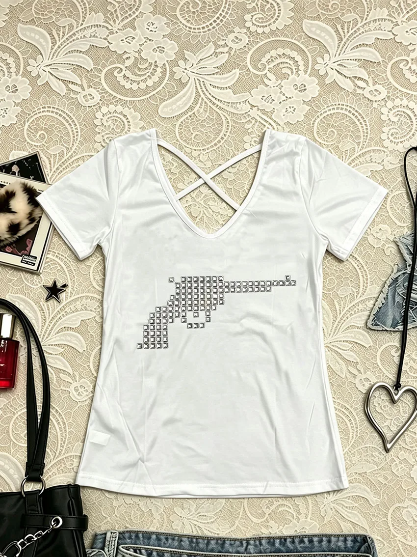 Punk Studded Cross Pattern Lady T-Shirt Deep V Neck Back Criss Cross Strap Short Sleeve Slim Y2K Grunge Fashion Daily Casual Tee