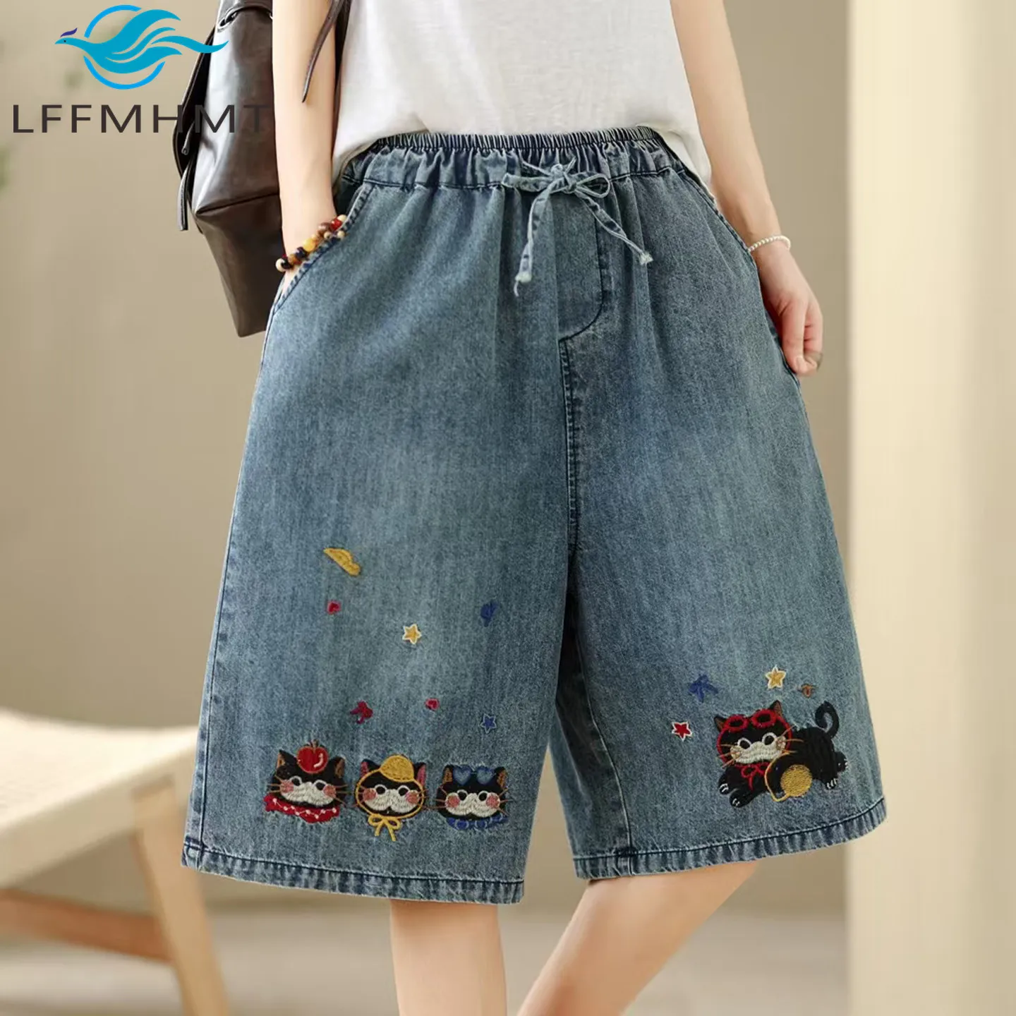 

Summer Fashion Casual Loose Cat Cartoon Embroidered Soft Denim Shorts Women's Elastic Waist Thin Comfortable Half Length Pants