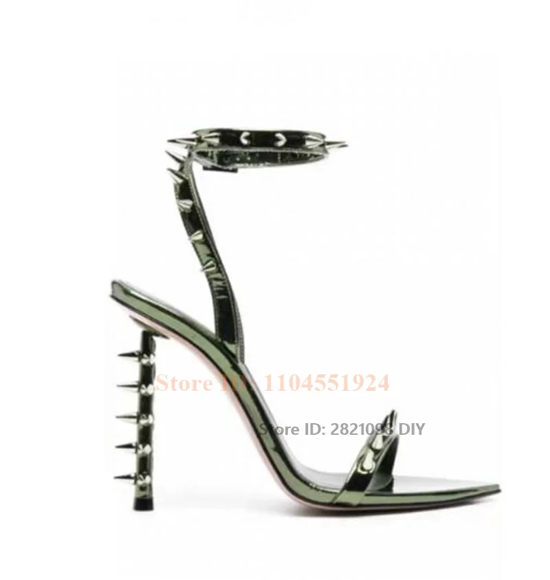 Punk Sandals Leather Spike Heeled Studded Rivets One Line Band Ankle Buckle Strap Thin Heels Party Summer Sandals Women Shoes