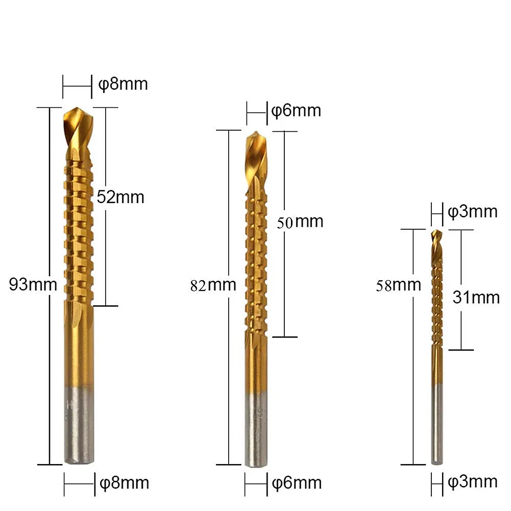 6pcs Step Drill Bit Sawtooth Drill Triangular Shank Titanium Plated Straight Slotted Pagoda Drill Set for Woodworking Metal Open