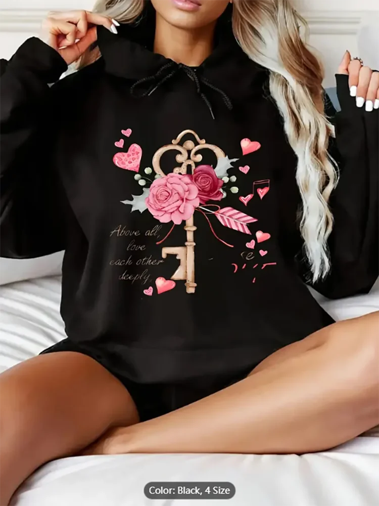 

Женская толстовка с цветочным принтом Key Love Графический принт Повседневная негабаритная толстовка с капюшоном на шнурке для любителей романтического стиля из чистого хлопка